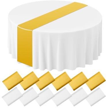 Imagem de CACASO Toalha de mesa redonda de plástico com 12 peças e caminho de mesa de cetim, toalhas de mesa de plástico de 213 cm, conjunto de corredores de 30 x 262 cm, toalha de mesa descartável branca e