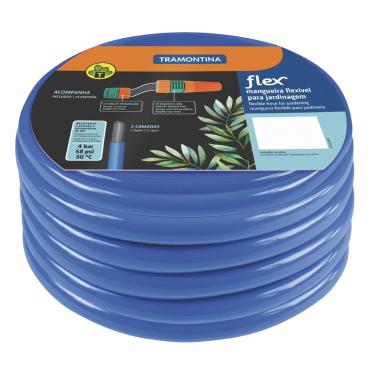 Imagem de Mangueira Flex Azul em PVC 2 Camadas para jardim 20 m com engate rosqueado e esguicho - Tramontina