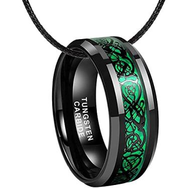 Imagem de Anel e cordão de carboneto de tungstênio com nó celta preto de 8 mm Aliança de casamento masculina e feminina com bordas chanfradas de fibra de carbono verde ajuste confortável eternidade amor aliança