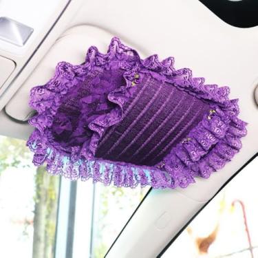Imagem de Clipe organizador de viseira de sol de renda de pelúcia, estojo de armazenamento bonito com suporte de CD, bolsa de bolso multifuncional para cartões, universal para carro (5)