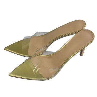 Imagem de Salto fino transparente aberto para mulheres verão slip on mules sexy salto agulha sandálias festa casamento vestido de formatura sapatos casuais, Dourado, 7 Narrow