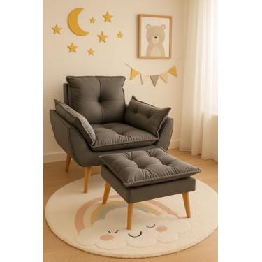 Imagem de Poltrona Amamentação Luxo Suede Cinza com Puff Decorativa Conforto Maternidade Ergonômica Madeira Eucalipto Moderna