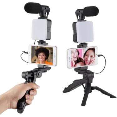 Imagem de Tripé Para Celular Com Iluminação de LED Microfone Condensador e Controle Remoto Bluetooth Suporte Para Câmera Tripé 4 em 1 com LED e Mic Grave Conteúdos Claros e com Áudio Perfeito