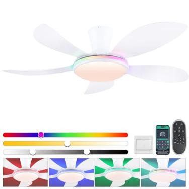Imagem de PHORUS Ventiladores de teto RGB com luzes e controle remoto/aplicativo, ventiladores de teto brancos de perfil baixo de 122 cm com motor CC reversível silencioso, luz de ventilador de montagem