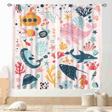 Imagem de TKUYO Cortinas infantis de tubarão, peixes subaquáticos do mundo do mar, animais do oceano, baleia, peixe, colorido, rosa, cortina, tratamentos para meninos, meninas, quarto de bebê, sala de estar