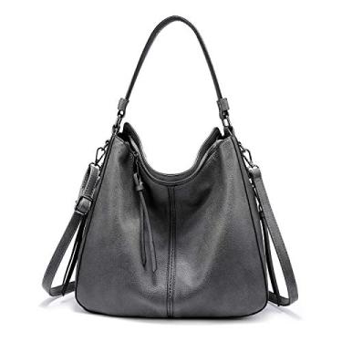 Imagem de Realer Hobo Bolsas transversais femininas de couro sintético Hobo, retrô, grande, bolsa de ombro, Arma cinza pesada preta (38,5 cm), Large-15.2 inch, Elegante