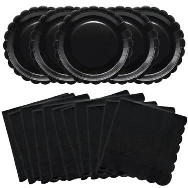 Imagem de VEIZEDD 100 peças de suprimentos de festa pretos incluem pratos e guardanapos de papel preto recortado serve 50, utensílios de mesa de festa descartáveis para aniversário, aposentadoria, casamento