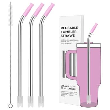 Imagem de Prurex Canudos reutilizáveis de aço inoxidável com ponta de silicone para Stanley 850 g, canudos de metal para copo de 850 g, 3 tubos dobrados e 6 pontas e 1 escova Cleanr (Lilás)