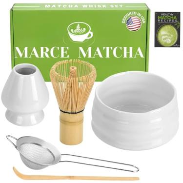 Imagem de Marce Conjunto de batedor Matcha - conjunto Matcha inclui tigela Matcha, peneira, suporte e colher - o batedor de bambu perfeito para chá matcha (branco)