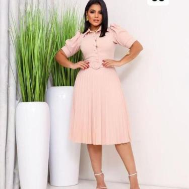 Imagem de Vestido mídi saia Plissada crepe de malha com elasticidade gola polo c