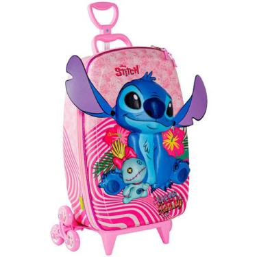 Imagem de Mochila Rosa Stitch Mala Infantil Menina Roda Tripla 3D Alto Relevo Ma