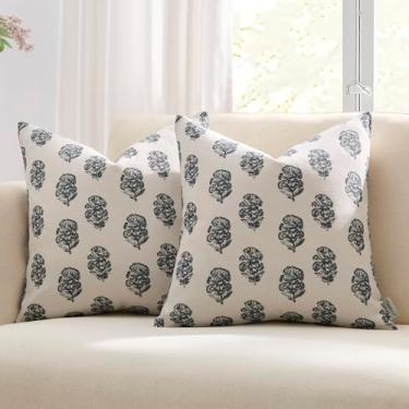 Imagem de Meekio Conjunto de 2 capas de almofada com estampa de blocos florais cinza escuro 45,7 x 45,7 cm de linho para decoração de sofá