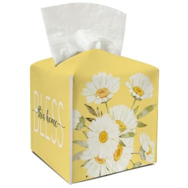 Imagem de Porta-lenços de couro margarida com cinto inferior ideal para mulheres presente de inauguração de casa de banho amarelo floral caixa de lenços casa de banho carro criado-mudo vaidade cozinha decoração