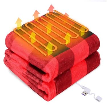 Imagem de DecorSIXT Cobertor xadrez aquecido elétrico alimentado por USB portátil cobertor vermelho e preto para mulheres 127 x 152 cm com 3 níveis de aquecimento