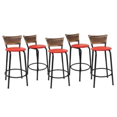 Imagem de Kit 5 Banquetas Para Balcão 60cm Preta Junco Cappuccino Balcão Bistrô 