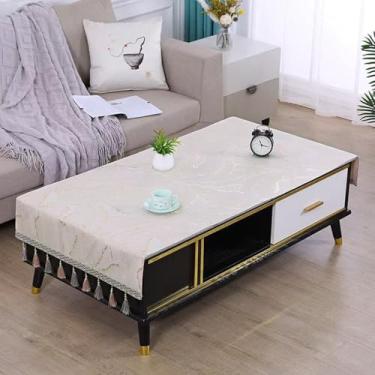 Imagem de Toalha de mesa de centro retangular bordada para sala de estar, toalha de mesa de centro com bolsos e borlas, tecido lavável para cozinha, decoração de casa, branca 61 x 180 cm