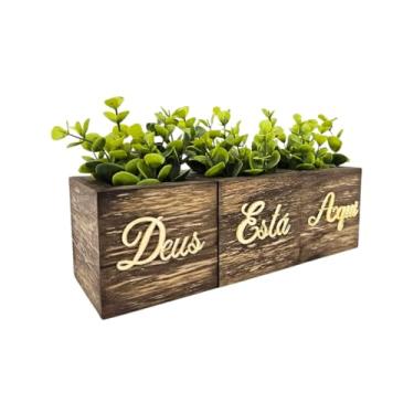 Imagem de Kit Trio Vasinho Decorativo de Madeira com Plantas Artificiais Decorativas - Enfeite Deus Está Aqui - Frase em Acrílico Espelhado (Dourado)