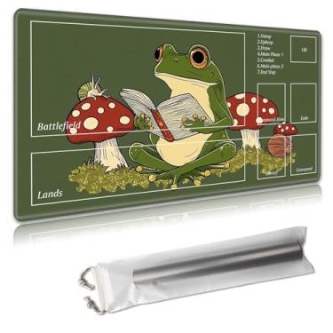 Imagem de MTG Playmat with Zones – TCG Card Game Mat for Magic The Gathering – 24x14 Inches – Stitched Edges, Non-Slip Rubber Base – Portable Play Mat with Free Storage Bag,Green Cute Frog and Mushroom