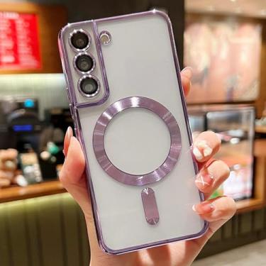 Imagem de HJZSZX Para S23 Ultra Luxury Plating Clear Magnetic Wireless Charge Case Silicone Cover (Para S23 Ultra/Roxo)