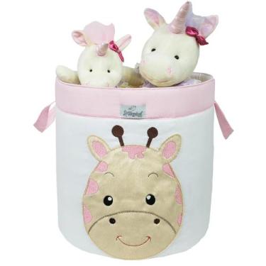 Imagem de Cesto Organizador Brinquedo Bordado Girafa Rosa - Loja Baby