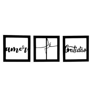 Imagem de Kit 3 Quadros Decorativos MDF, Amor Fé Gratidão, Para Parede, 18x18 cm, Preto, Aplique, Decoração Sala Quarto, Instalação com Fita Dupla Face
