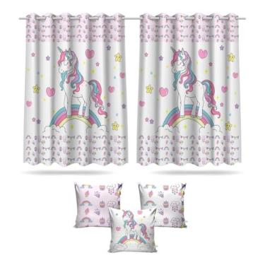 Imagem de Cortina Infantil Quarto Unicórnio Mod 6 + 3 Capas Almofada - Decorando