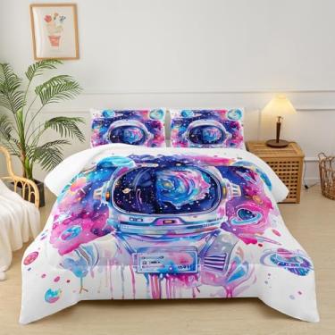 Imagem de lneffble Jogo de cama solteiro com temática de astronauta galáxia de astronauta rosa e azul, 1 edredom com 2 fronhas, decoração de quarto de astronauta para meninos
