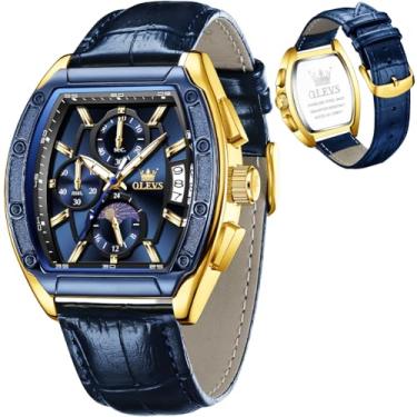 Imagem de OLEVS Relógio masculino analógico de quartzo cronógrafo quadrado relógio masculino de aço inoxidável ou pulseira de couro à prova d'água luminoso data relógio masculino, couro azul e azul dourado