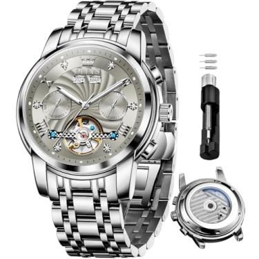 Imagem de OLEVS Relógios automáticos masculinos para negócios, relógio mecânico, aço inoxidável, impermeável, corda automática, clássico, diamante, esqueleto, relógio de pulso masculino, 7088-cinza, 7088-grey