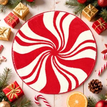 Imagem de FEBSNOW Tapetes de banheiro de Natal, tapete redondo de inverno vermelho e branco de 53 cm, tapete redondo de inverno, antiderrapante, absorvente, capacho com suporte lavável para banheira, quarto