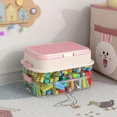 Imagem de Caixas organizadoras de brinquedos para Lego empilháveis organizadores de brinquedos Lego para armazenamento de blocos de montar (rosa, 2 camadas)