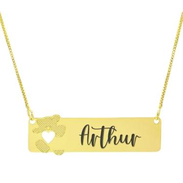 Imagem de Colar Personalizado Ursinho Coração Vazado Gravação Arthur Banhado Ouro 18K - 999012156