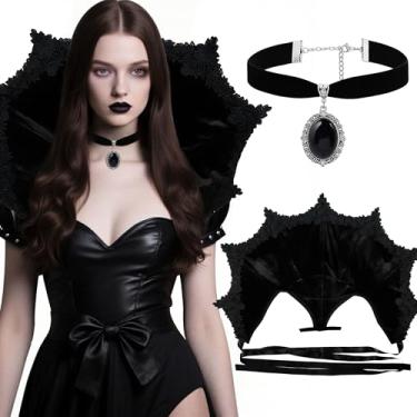 Imagem de LaVenty 2 peças, gola vitoriana, gótica, gola de vampiro, de veludo, preto, gargantilha vitoriana para mulheres, baile de máscaras de Halloween, cosplay (preta) capa melindrosa com lantejoulas da
