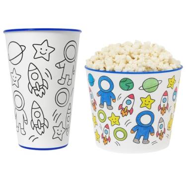Imagem de Copo Infantil e Balde de Pipoca p/Colorir Desenho Kit Cinema em Casa (Menino astronauta)