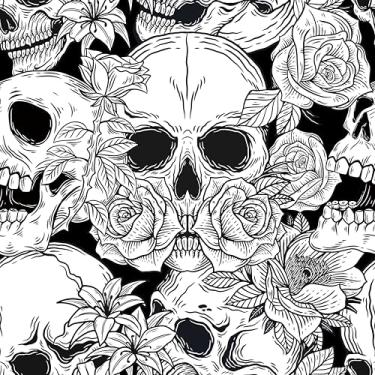 Imagem de zoé&yifan Papel de parede preto e branco para descascar e colar papel de parede de caveira 45 x 300 cm, adequado para locatário, armário, cozinha, quarto, impermeável, removível, autoadesivo