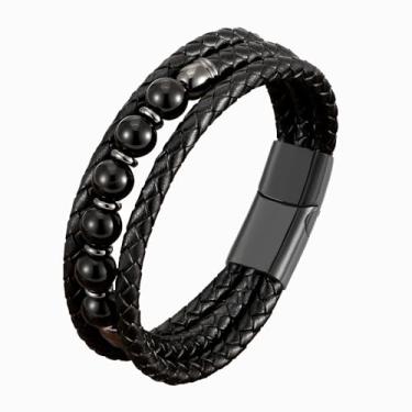 Imagem de FYNSBLE Pulseira de couro preto para homens, olho de tigre natural/lápis-lazúli/ônix preto/malaquita multicamadas pulseira de couro trançado com contas presente para homens pai com fecho de aço
