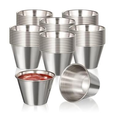 Imagem de Fit Meal Prep Pacote com 120 copos de molho de aço inoxidável de 74 ml, ramequins de metal reutilizáveis, tigelas de condimento de grau comercial, copos de porção individual, copo redondo pequeno de