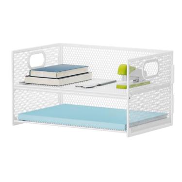Imagem de Marbrasse Bandeja organizadora de papel de 2 camadas, organizador de arquivos de malha com alça, organizador de mesa para material de escritório doméstico - branco