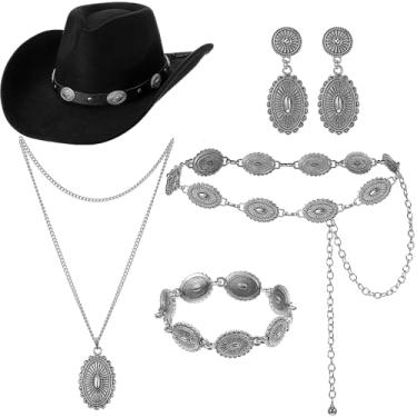 Imagem de Cutecrop Conjunto de joias ocidentais clássicas com 5 peças, chapéu de cowboy, cinto ocidental, chapéu de camurça, colar vintage, brincos e pulseira, poliéster, liga de zinco, Sem Pedra Preciosa