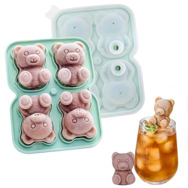 Imagem de Molde 3D de cubo de gelo de urso, bandeja de gelo verde reutilizável de silicone com tampa, bandeja fofa de cubos de gelo para freezer, molde de gelo de coquetel de uísque para suprimentos de festa