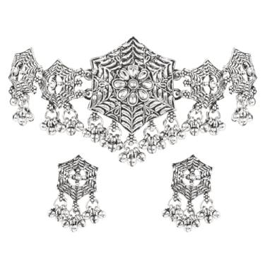 Imagem de I Jewels Conjunto de colar com motivo floral hexagonal banhado a prata oxidada com brincos para mulheres (MC243OX)