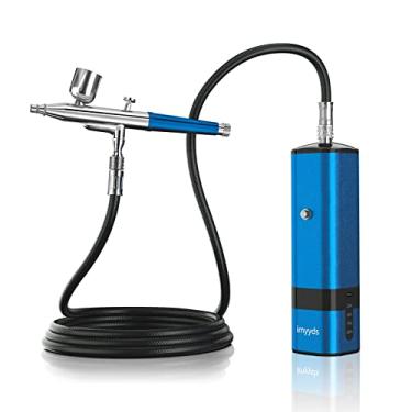 Imagem de imyyds Kit de aerógrafo com compressor, pistola de aerógrafo sem fio de alta pressão 32 PSI, conjunto de compressor portátil de dupla ação, mini escovas de ar recarregáveis portáteis para pintura