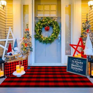 Imagem de Ckorzen Tapete xadrez vermelho e preto, 1,2 m x 1,8 m de Natal, Dia das Bruxas, tapete para decoração de porta ao ar livre, tapete lavável de algodão tecido à mão para tapetes de porta em camadas,
