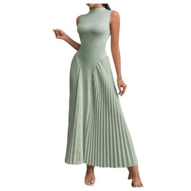Imagem de Vestido maxi SOLY HUX sem mangas plissado A Line verde para mulheres
