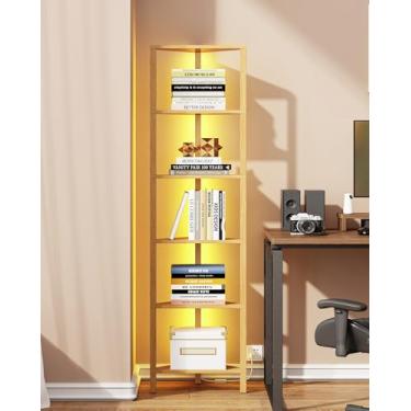 Imagem de TUTOTAK Prateleira de canto com luz LED, estante de canto de 6 camadas para espaço pequeno, suporte de prateleira de canto estreito com rack de armazenamento, para sala de estar, quarto, BS05BN006L