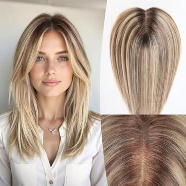 Imagem de EMMOR Topper de cabelo humano de 35,5 cm para mulheres - 12,7 cm × 15,2 cm base de renda suíça com 3 clipes antiderrapantes, 100% verdadeiros para cabelos finos e aparência natural (M6/16A)