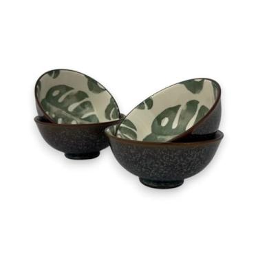 Imagem de Kit 04 Bowl Tigela Cumbuca Cerâmica Folhagem Verde Pequeno