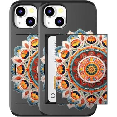 Imagem de MUQR Capa compatível com iPhone 15 com porta-cartão fofo - Capa tipo carteira robusta com design kawaii, proteção contra quedas de grau militar (mandala preta intrincada)