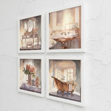 Imagem de Kit 4 Quadros 18x18 cm Banheiro Vintage Flores Rose gold (Carvalho)
