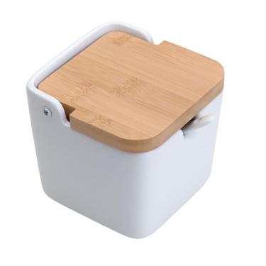 Imagem de Saleiro em cerâmica tradicional tampa bambu e colher 10,5cm